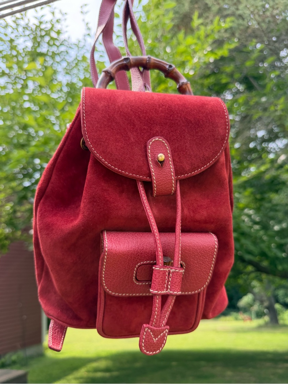 Vintage Gucci Bamboo Red Suede Mini Backpack Rucksack 003.2058.0030